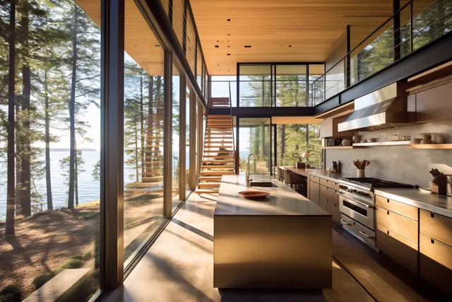 Modern Architectural Interior with Forest View, minimal, luxury, warm