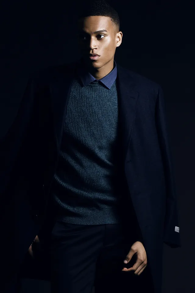 Male Model in Navy Suit, minimal, photographic, dark