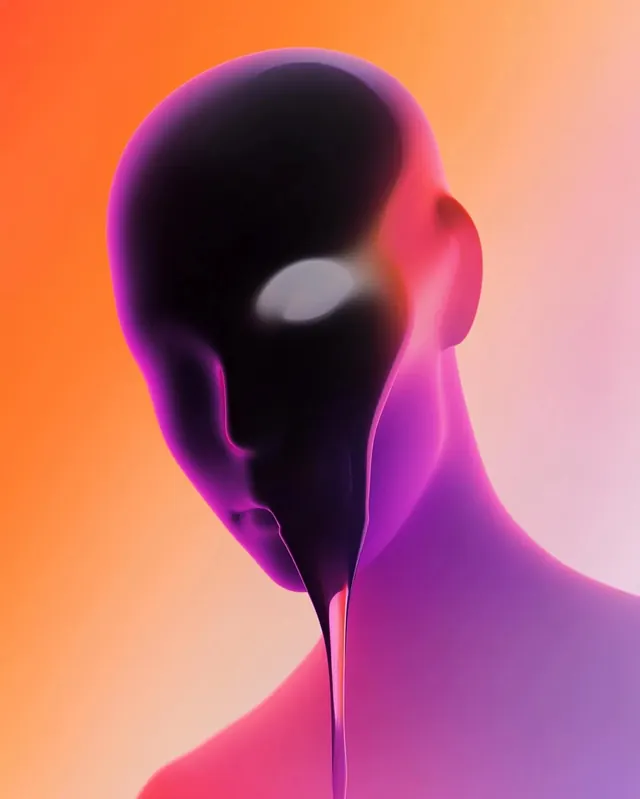 Melting 3D head with vibrant gradient, 3d-render, gradient-heavy, vibrant