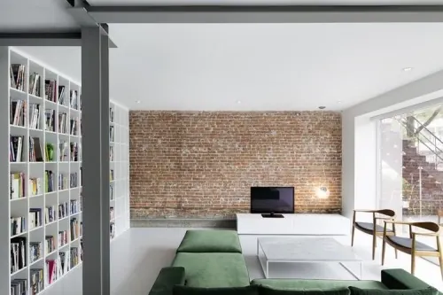 Modern Office Interior with Exposed Brick, minimal, light-mode, light