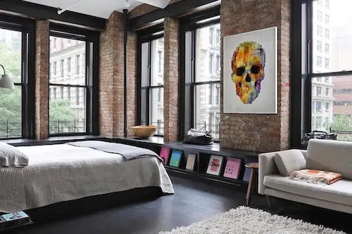 Industrial Loft Bedroom Interior, minimal, organic, muted