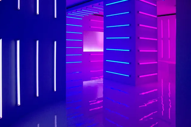 Neon Architectural Interior, dark-mode, geometric, vibrant