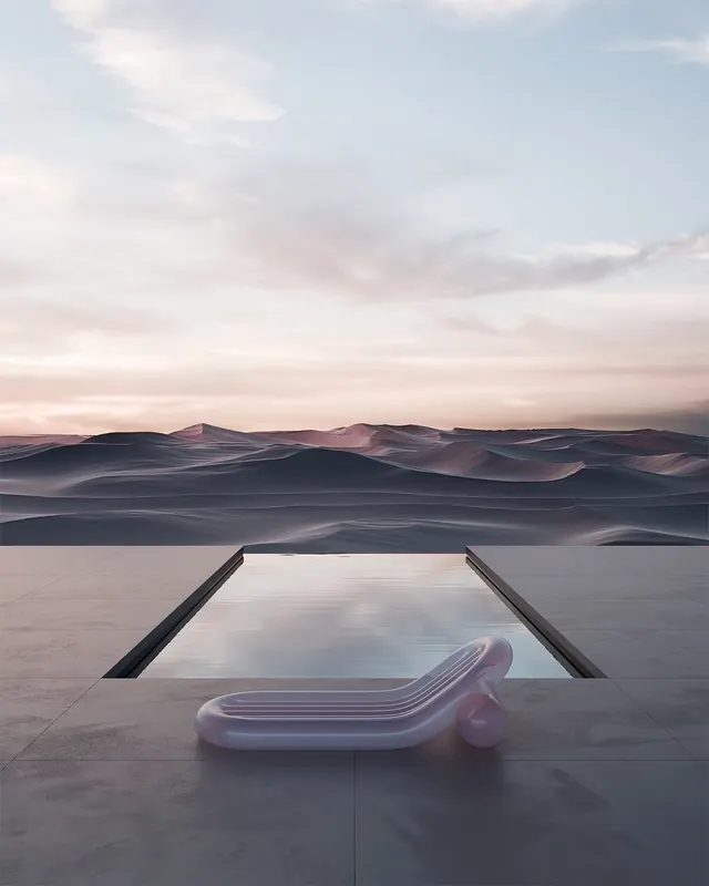 Surreal Desert Poolscape, minimal, 3d-render, muted