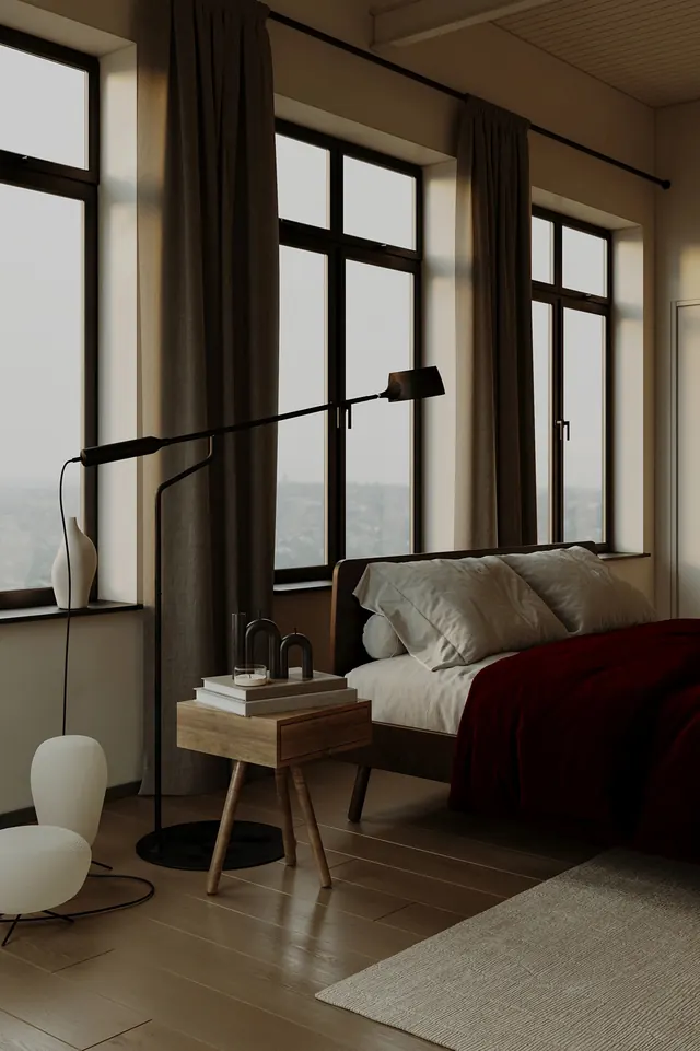 Modern Interior Bedroom Scene, minimal, luxury, warm