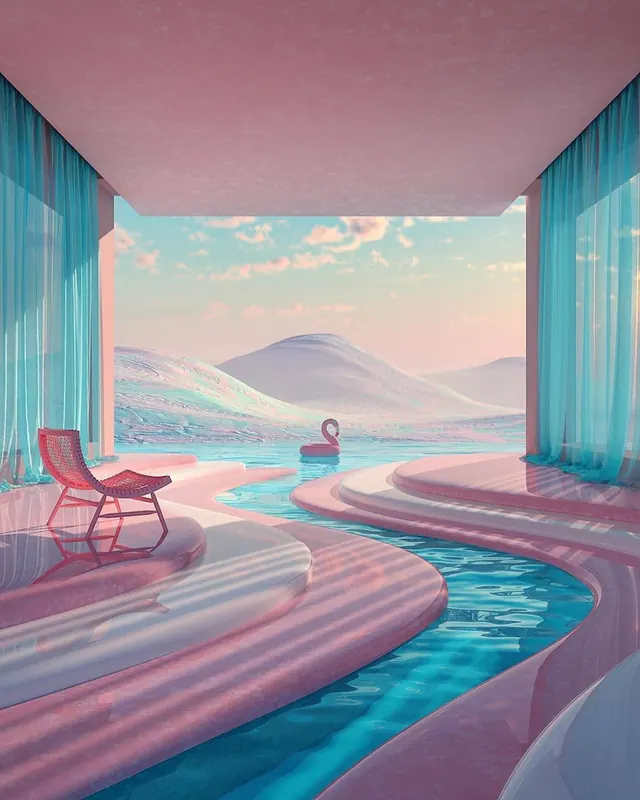 Dreamy Poolside Landscape, 3d-render, abstract, pastel