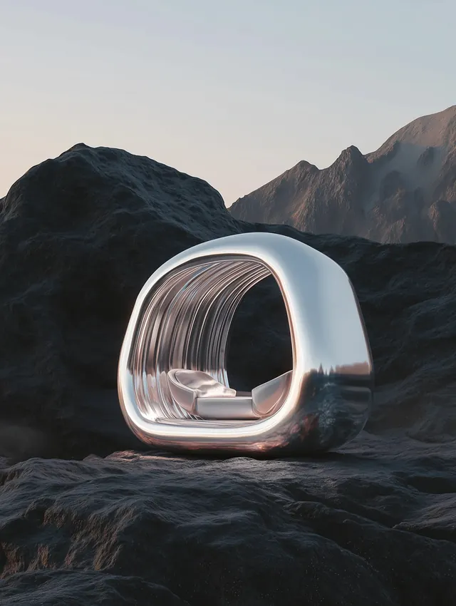 Futuristic metallic pod chair in landscape, minimal, 3d-render, dark