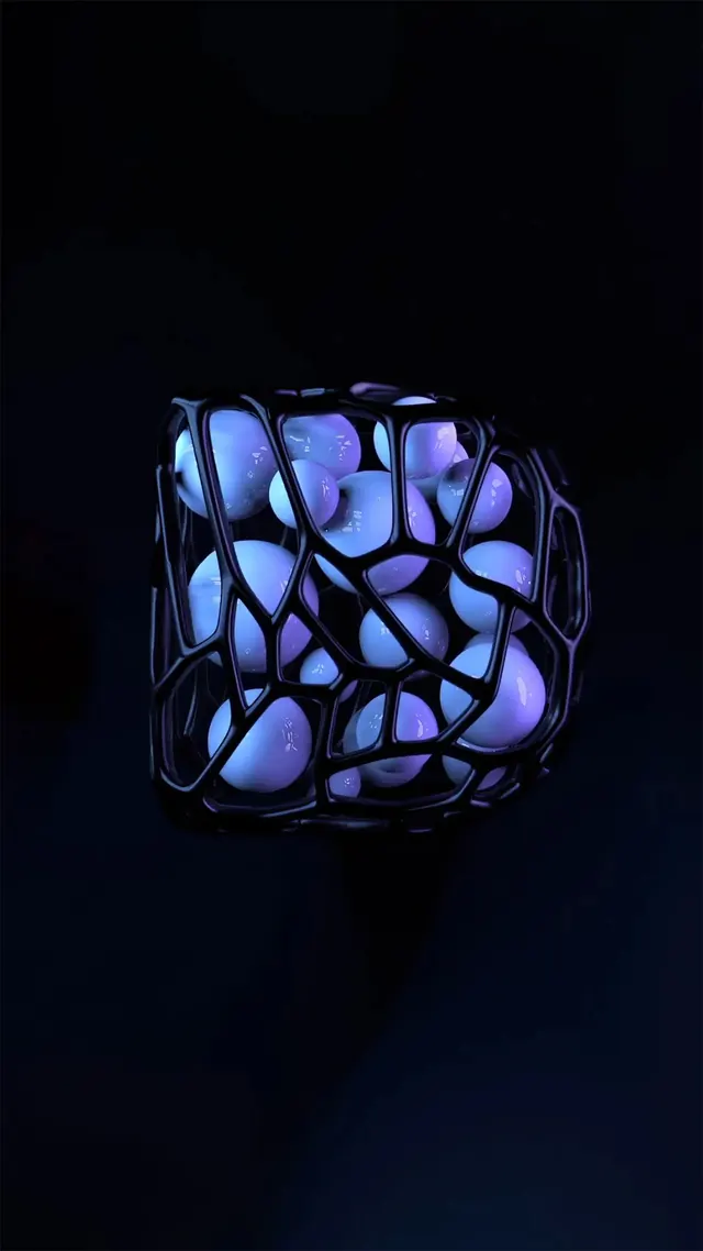 Glowing lattice structure with blue spheres, minimal, 3d-render, dark
