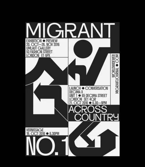 Migrant Typography Layout, brutalist, swiss, monochrome