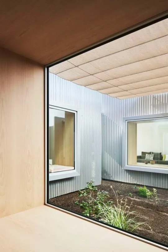 Modern Architectural Interior with Courtyard, minimal, luxury, warm
