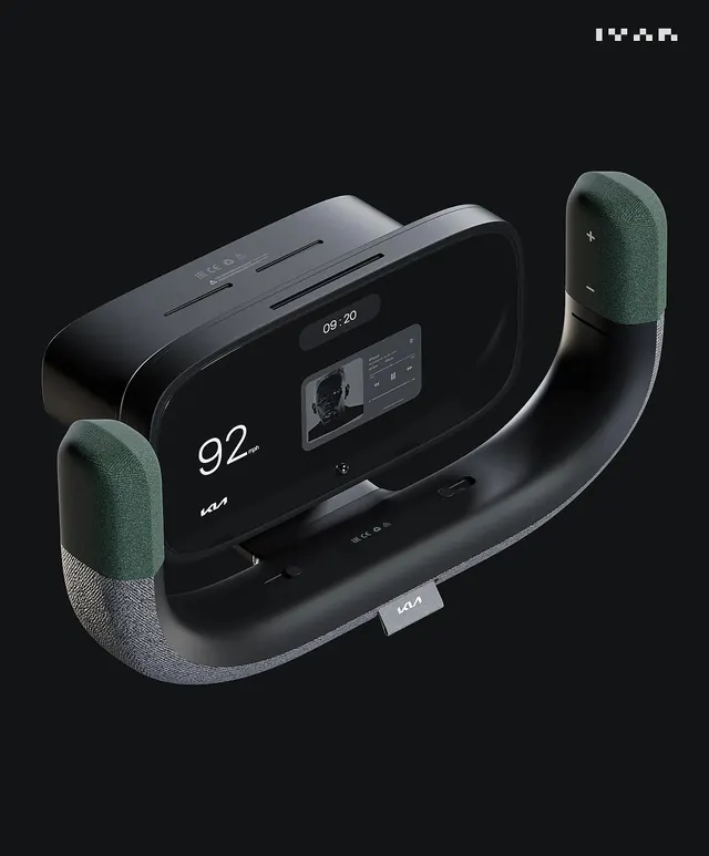 Curved portable audio device 3D render with digital display, 3d-render, technical, dark