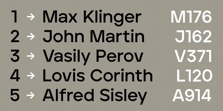 Typography List with Alphanumeric Codes