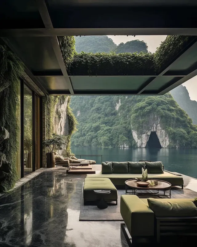 Modernist Lakeside Interior, minimal, luxury, dark