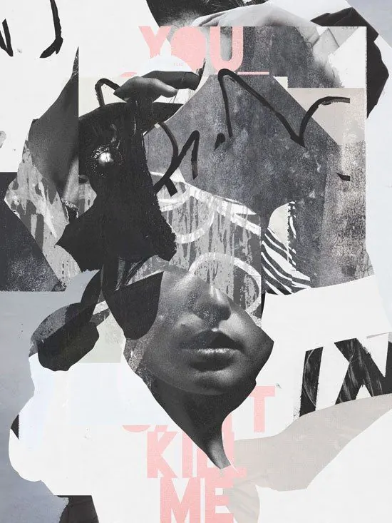 Punk fashion collage YOU KILL ME, brutalist, editorial, monochrome