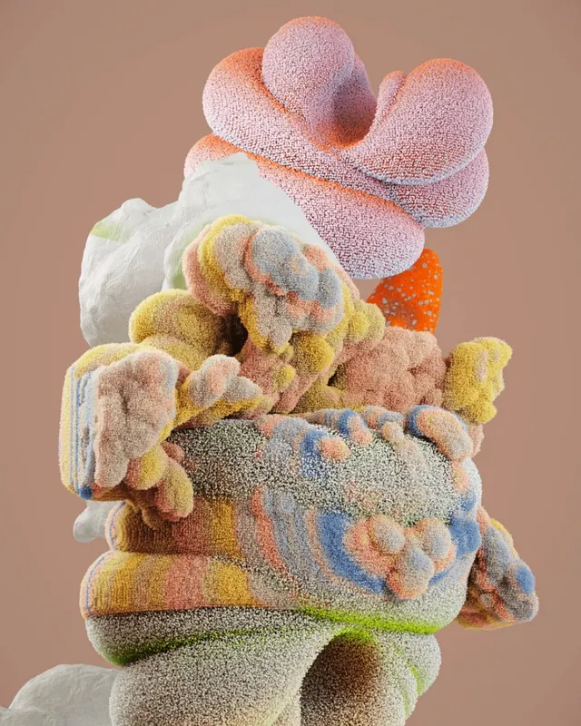 Pastel fuzzy 3D abstract sculpture, 3d-render, abstract, muted