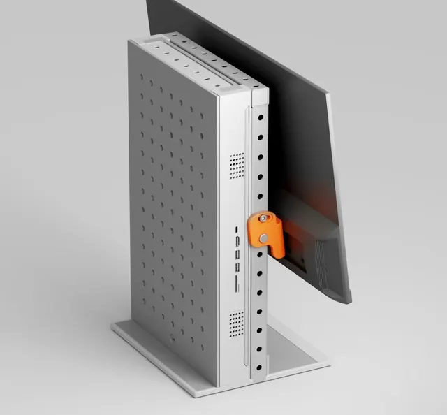 Modular silver workstation with orange clamp, technical, minimal, light