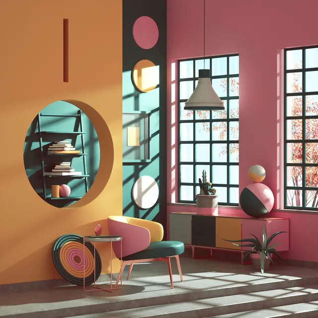 Abstract Interior Architectural Visualization, 3d-render, geometric, vibrant