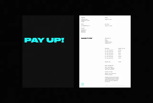 Pay Up! Identity System, minimal, brutalist, dark