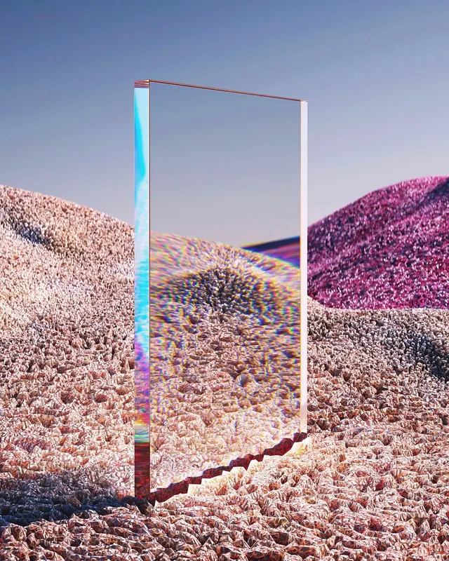 Glass monolith surreal landscape, 3d-render, abstract, pastel