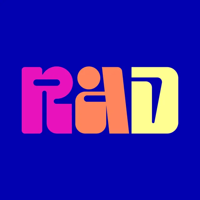 R&D bubble letter wordmark on blue, playful, flat, vibrant