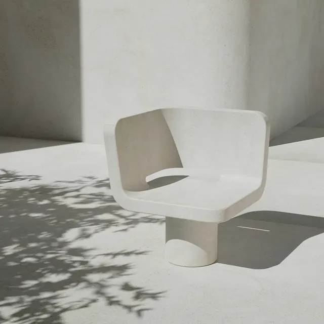 Cast stone sculptural chair in sun, 3d-render, minimal, light