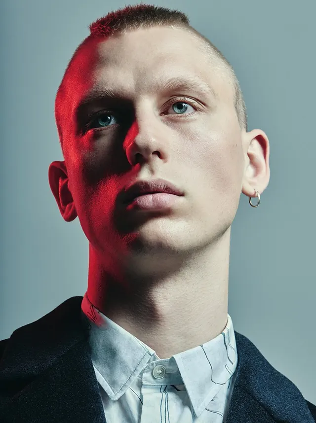 Portrait with Red Lighting, photographic, high-contrast