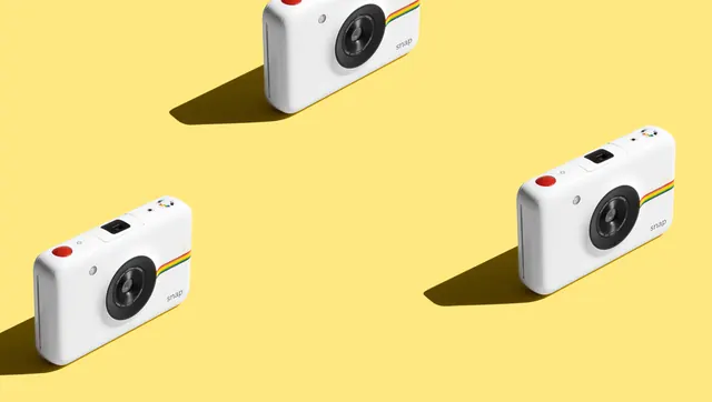 White Cameras on Yellow Background, minimal, flat, vibrant
