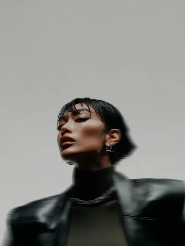 Portrait of a woman in black leather, minimal, monochrome, high-contrast