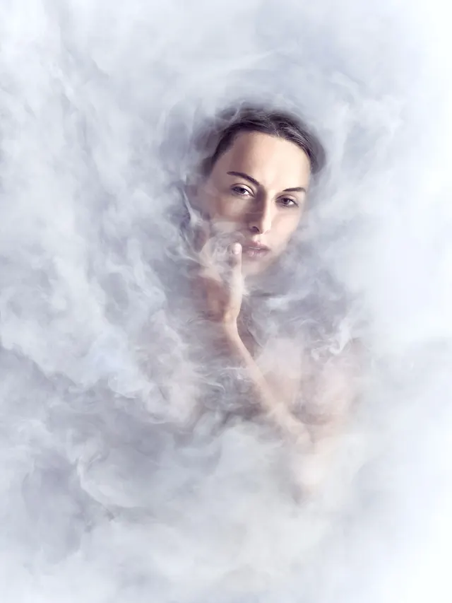 Woman in Smoke Portrait, minimal, photographic, monochrome
