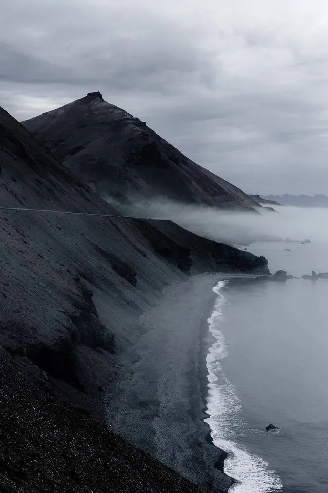 Coastal Mountain Landscape, minimal, monochrome, dark