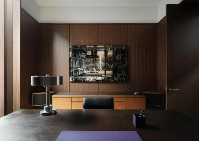 Modern Interior with Wood Paneling and Abstract Art, minimal, luxury, dark