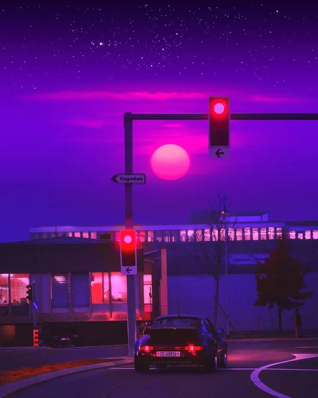 Neon Night Streetscape, dark-mode, photographic, vibrant