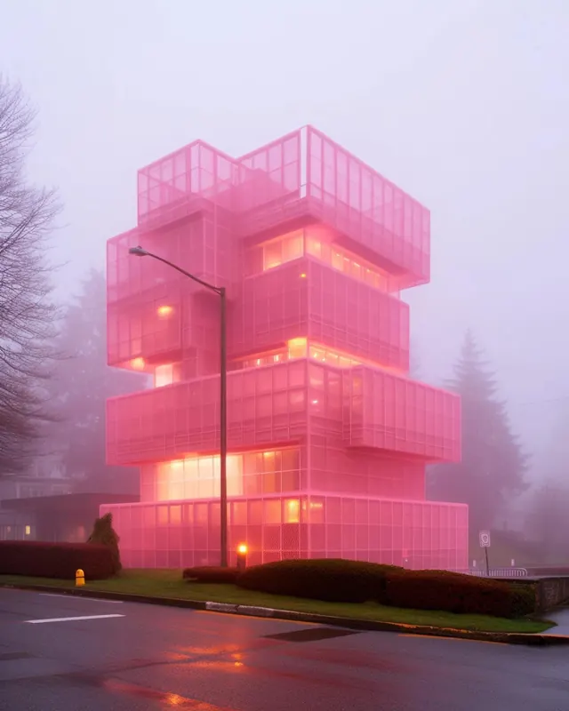 Pink Architectural Structure in Fog, minimal, geometric, vibrant
