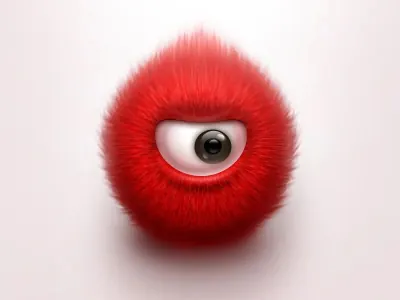 Red Furry Eyeball Character, 3d-render, playful, vibrant