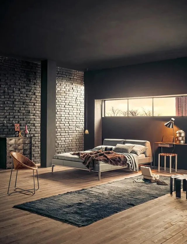 Industrial Loft Bedroom Interior, luxury, minimal, dark