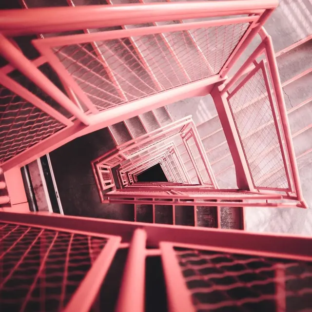 Red Industrial Staircase Perspective, minimal, geometric, vibrant