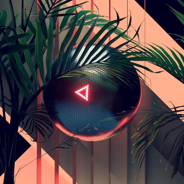 Abstract Geometric Composition with Tropical Foliage, neo-brutalist, geometric, dark