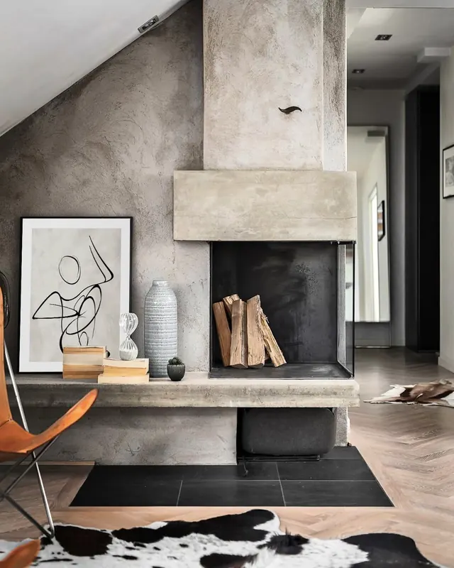 Modern Minimalist Interior with Fireplace, minimal, luxury, muted