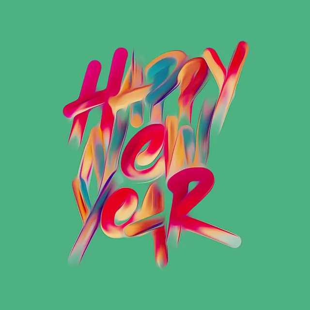 Happy New Year Typography, playful, maximalist, vibrant