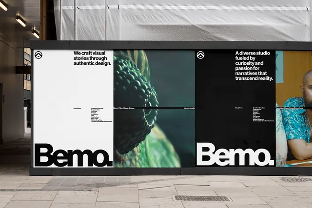Bemo Brand Identity Mockup, minimal, swiss, high-contrast