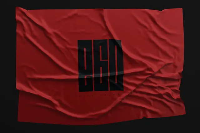 Red Wrinkled Fabric Logo Mockup, brutalist, minimal, high-contrast