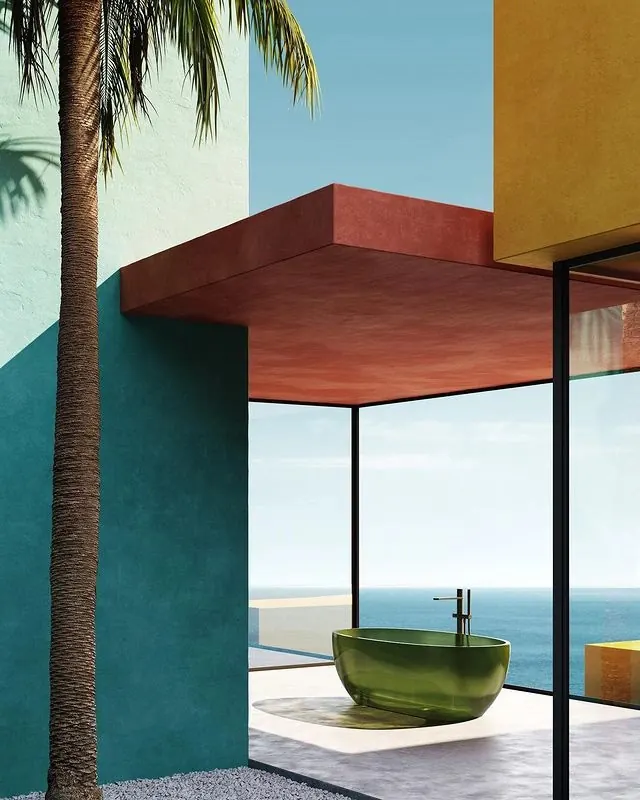 Modern Architectural Interior with Tropical View, minimal, luxury, vibrant