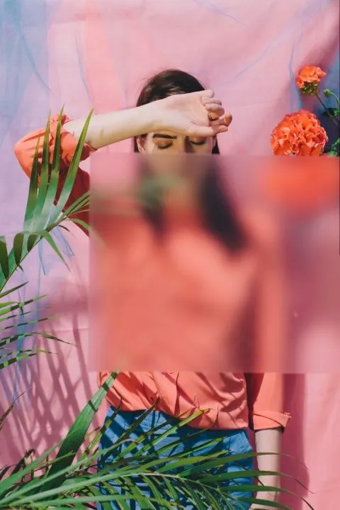 Blurred Portrait with Tropical Foliage, organic, abstract, vibrant