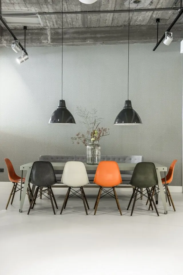 Industrial Interior Dining Space, minimal, light-mode, monochrome