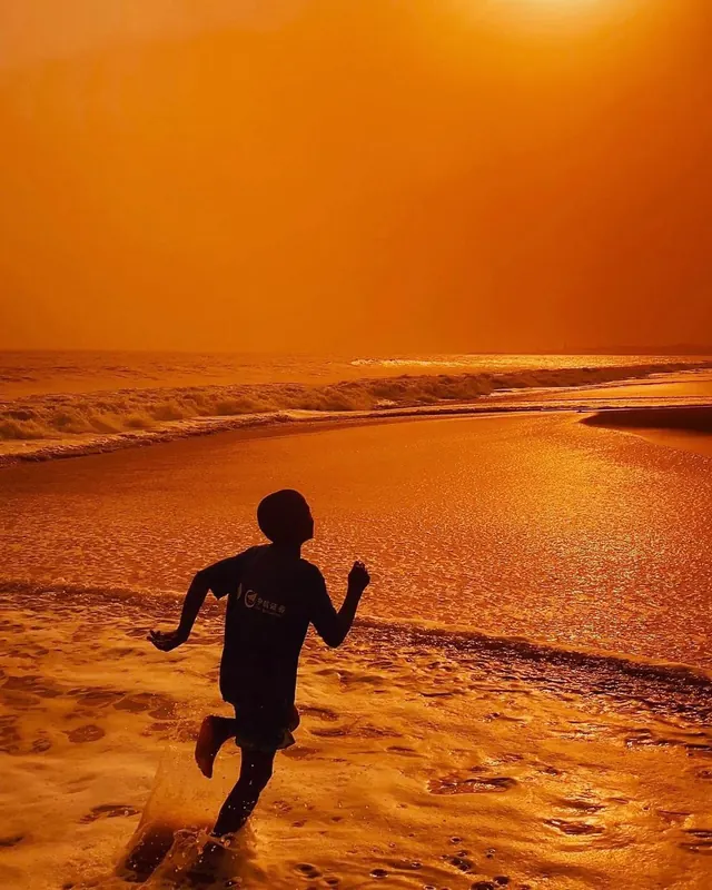 Silhouette on Beach at Sunset, photographic, minimal, warm