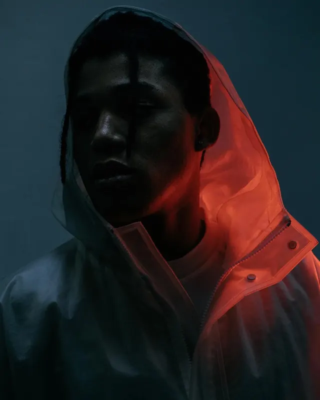 Hooded Figure with Red Lighting, dark-mode, photographic, dark