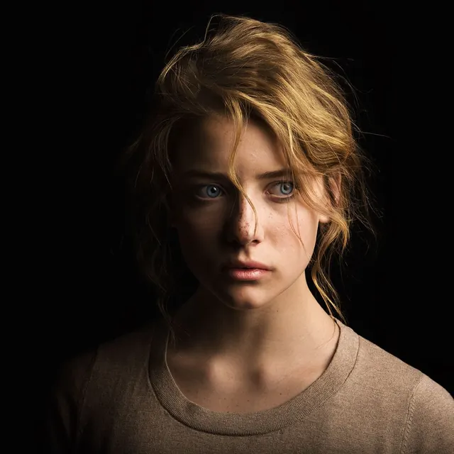 Portrait of a woman in low light, photographic, minimal, dark