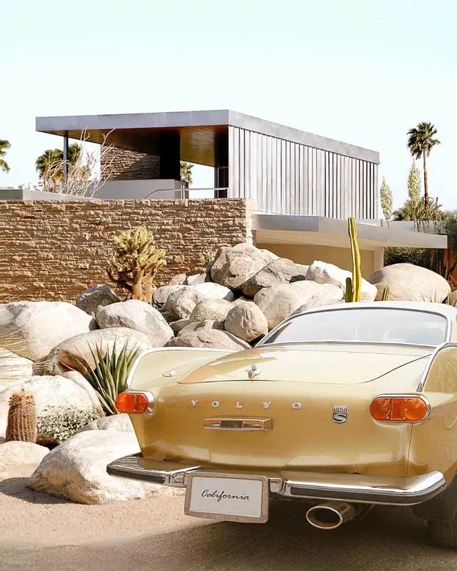 Modernist Desert Architecture and Vintage Car, minimal, luxury, warm