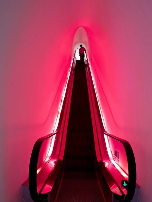 Red Neon Escalator, minimal, dark-mode, dark