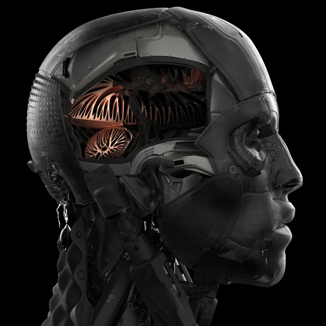 Cybernetic Humanoid Head, technical, dark-mode, dark
