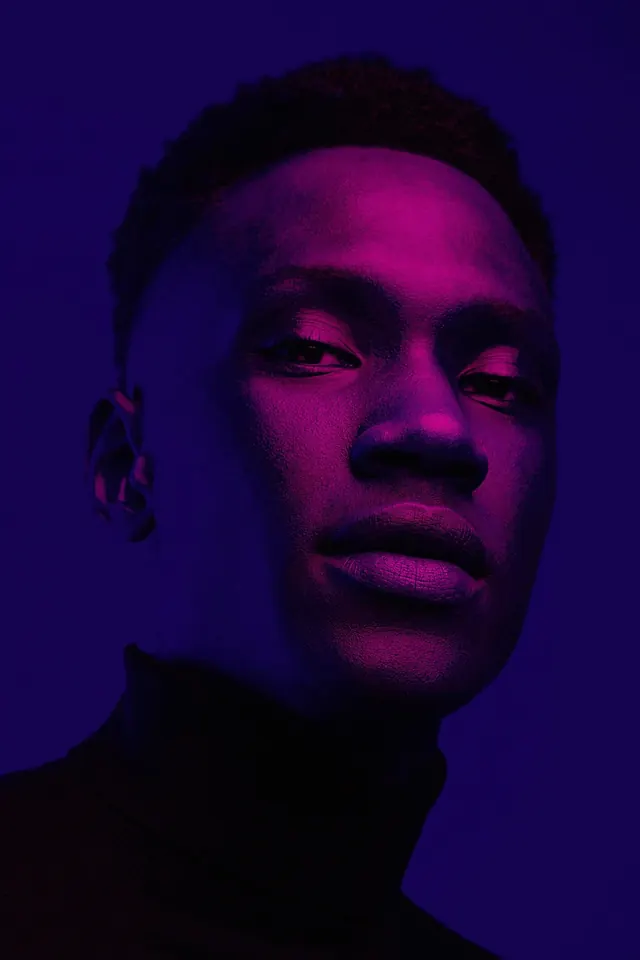 Portrait with Purple Lighting, dark-mode, photographic, dark